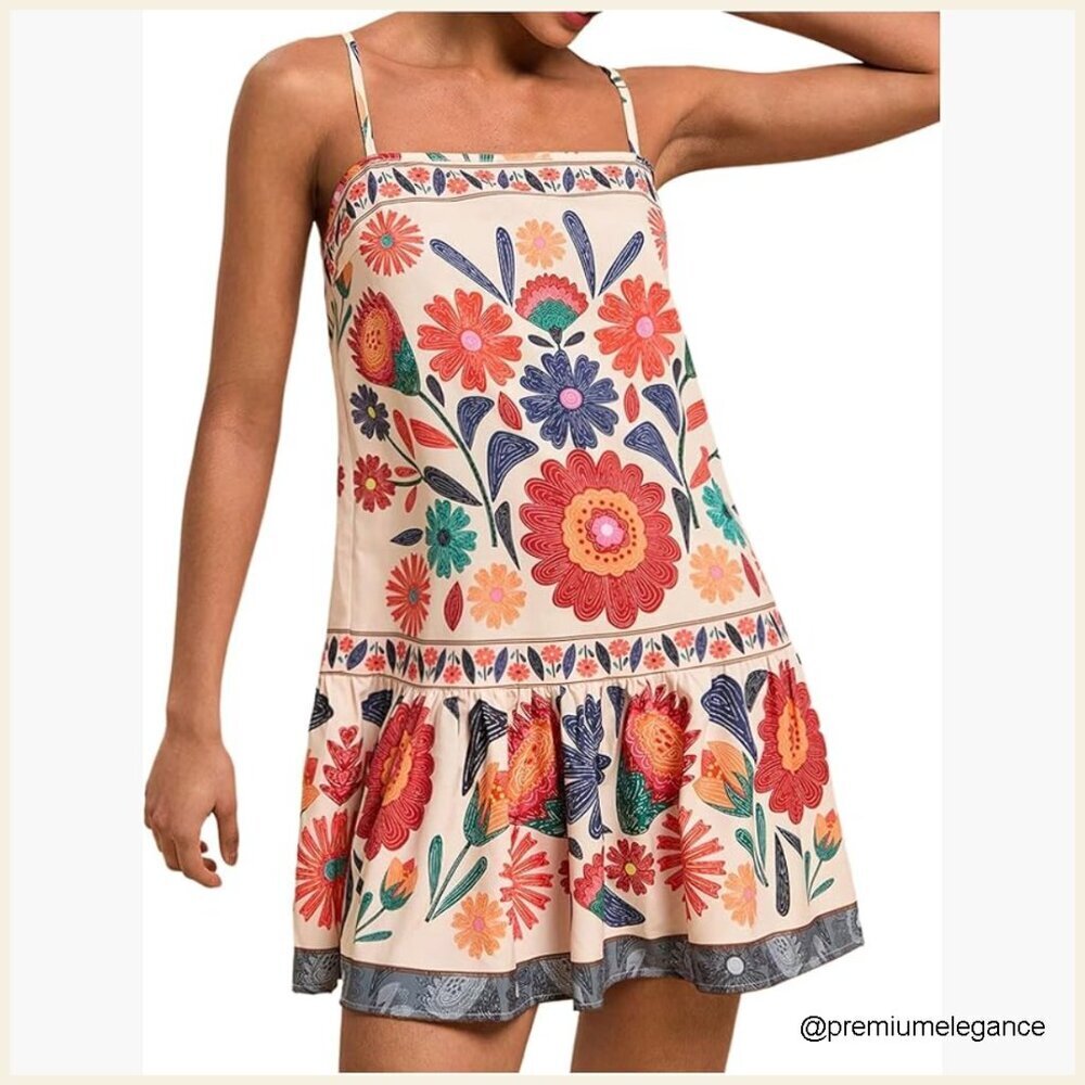 Floral Boho Mini Dress Ruffle Hem Spaghetti Strap Casual Summer